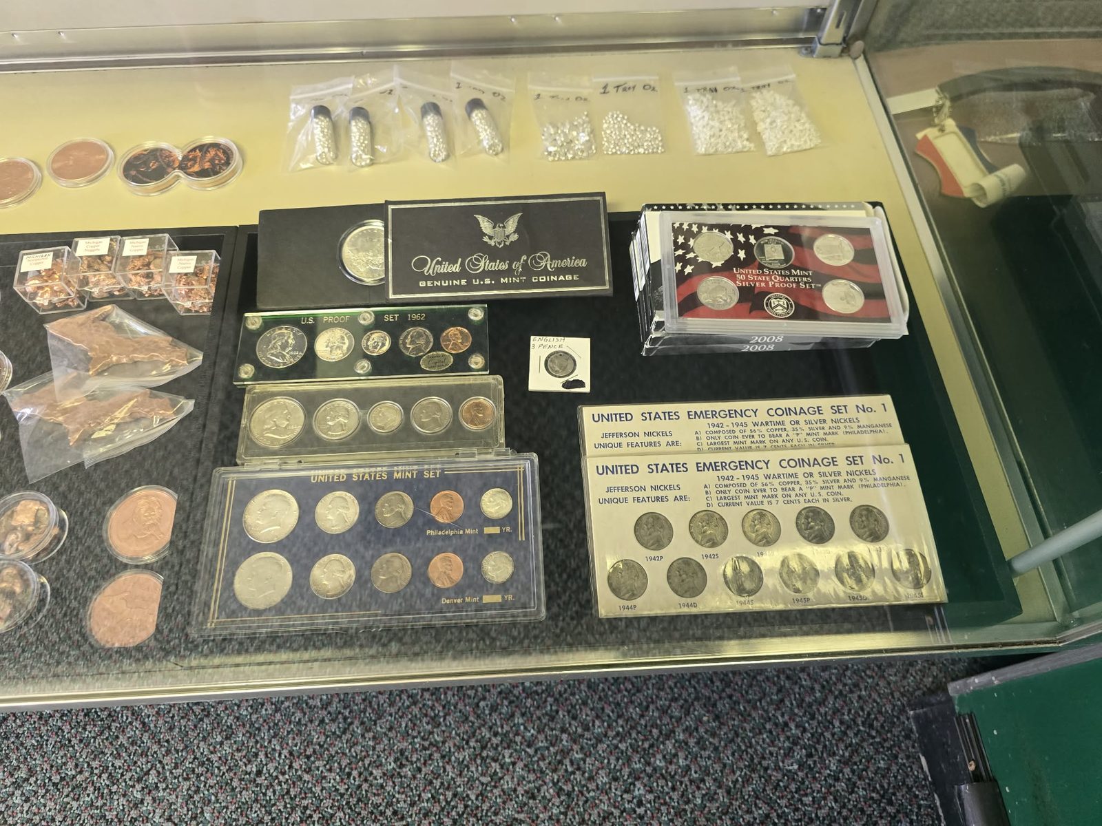 United States proof sets, mint sets and a wartime silver nickel set
